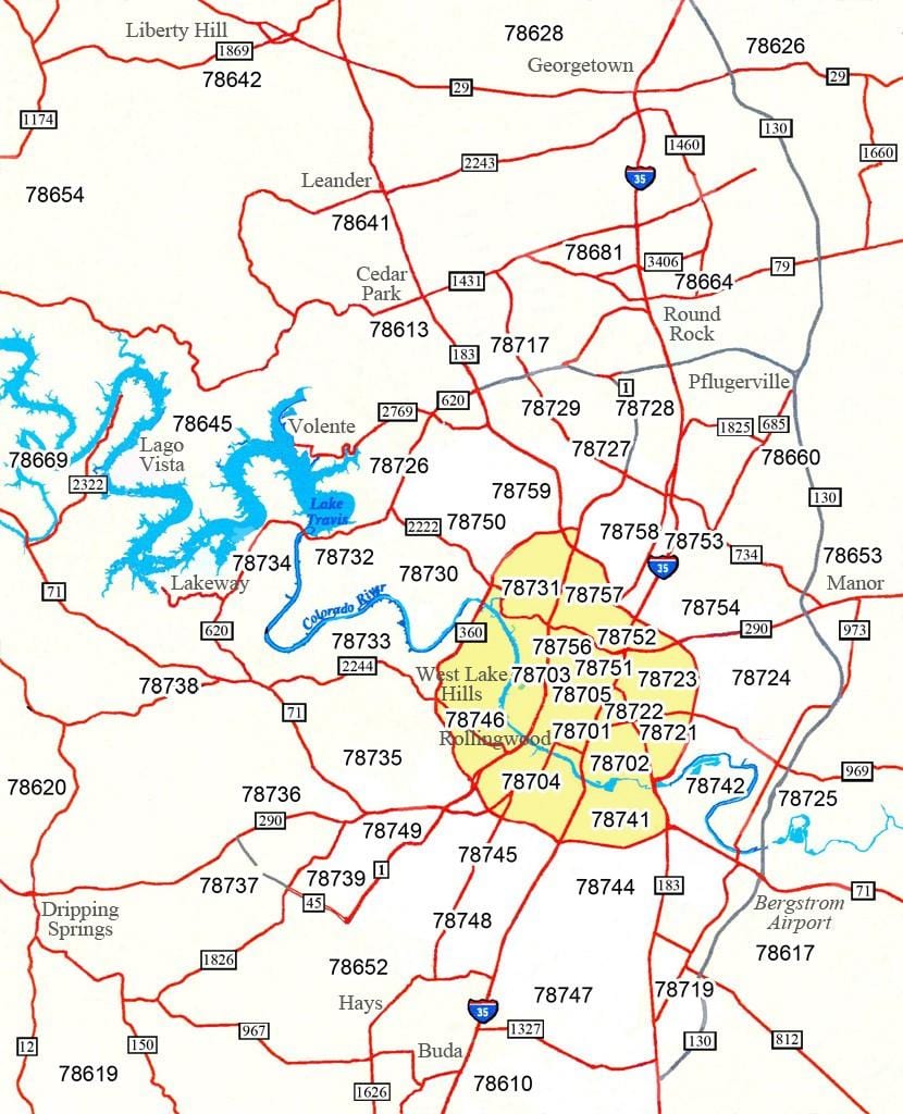 irányítószám térkép Austin Tx